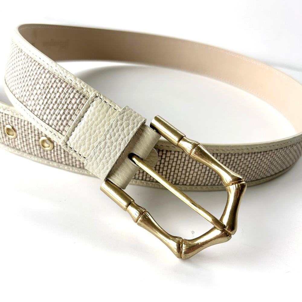 J.McLaughlin Jayla Grasscloth White Leather Raffia Belt Gold Bamboo Buckle M - Picture 13 of 15